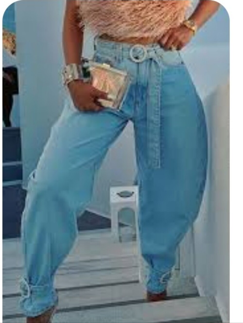 Rhinestone Buckle Paperbag Jeans